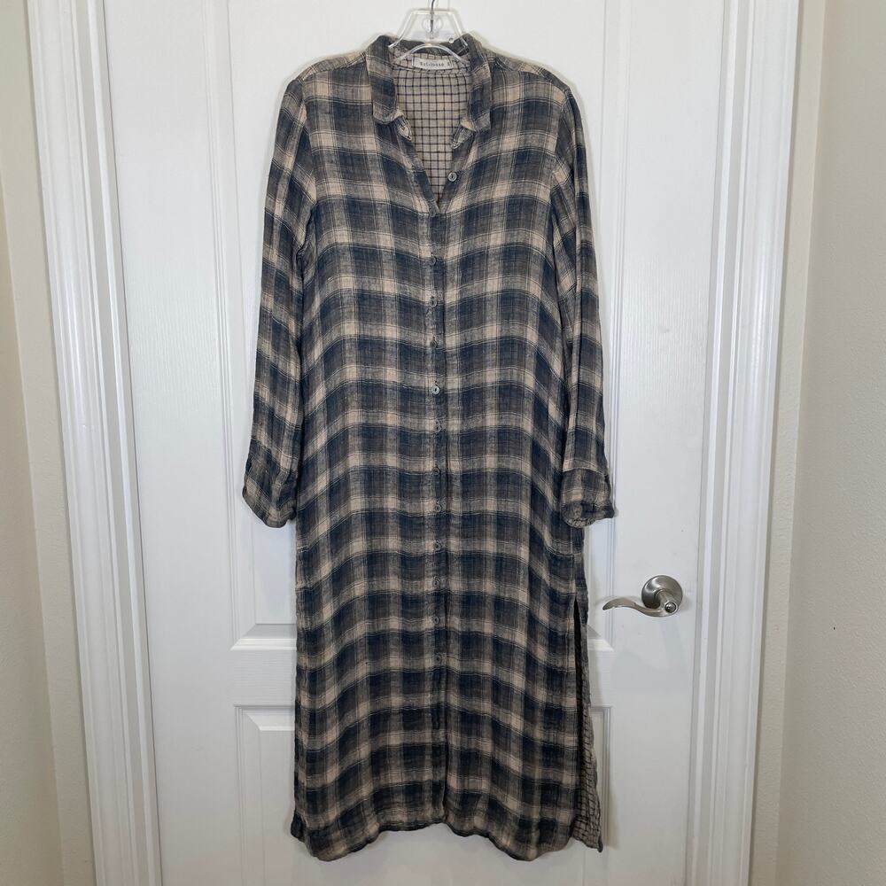 Cut Loose Plaid Linen Shirt Dress Gray Beige Midi Long Sleeve Lagenlook‎ M
